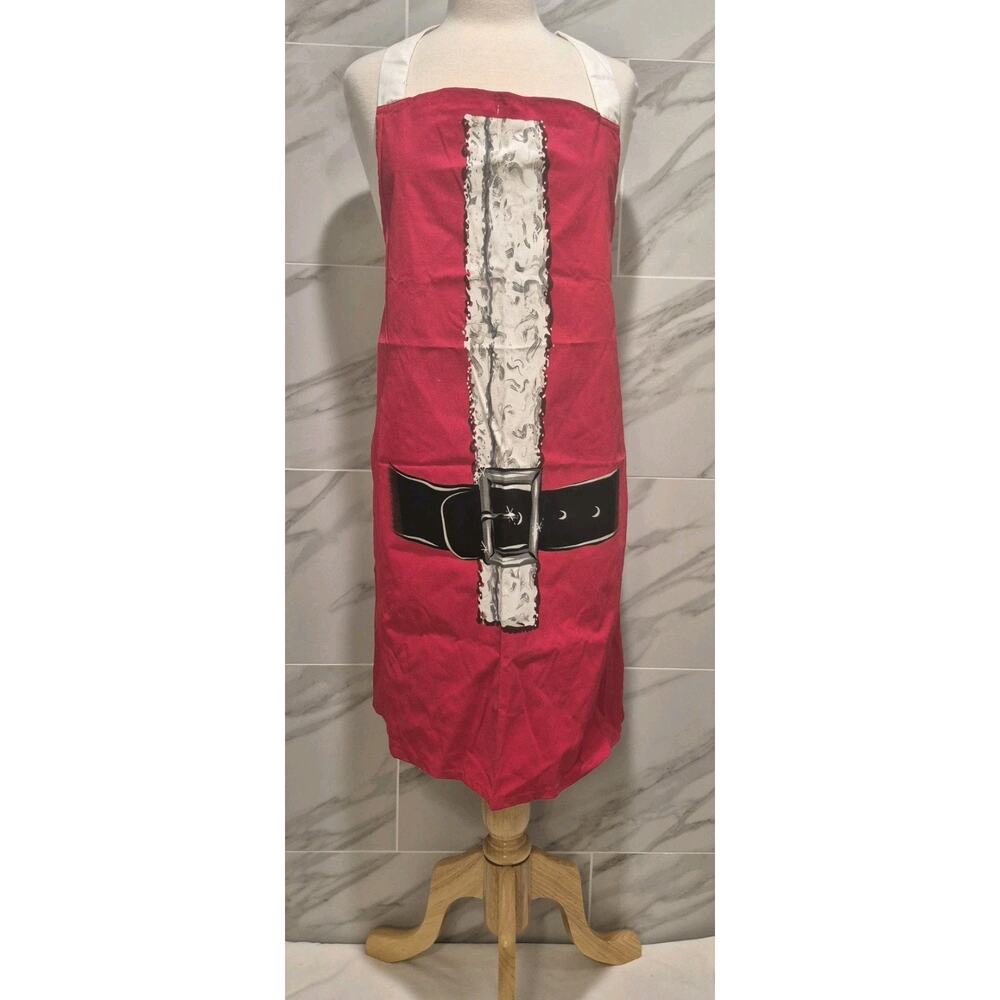 Red Cotton Santa Claus Bib Apron White Ties 32" Length NEVER USED